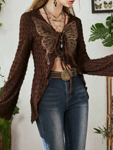 Voguable Lace Butterfly Patchwork Cardigan Top for Y2K Aesthetics Brown Bandage Long Sleeve T Shirts Grunge Fairycore